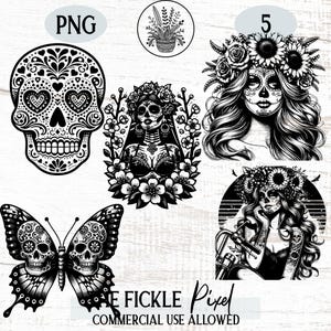 Sugar Skull Woman PNG Graphics Bundle, Gothic Mexican Dia de Muerto Skull Clipart Design, Laser and Cricut Files, Commercial Use