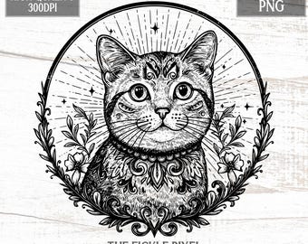 メキシコビンテージ　タトゥーのような美しい幾何学模様の猫陶器オブジェ ヴィンテージ猫のタトゥーアート - 神秘的なアメリカンショートヘアの