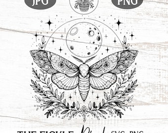Tattoo Style Moth Moon Stars PNG, Mystical Moth Floral, Commercial Use, Instant Download, POD Graphics