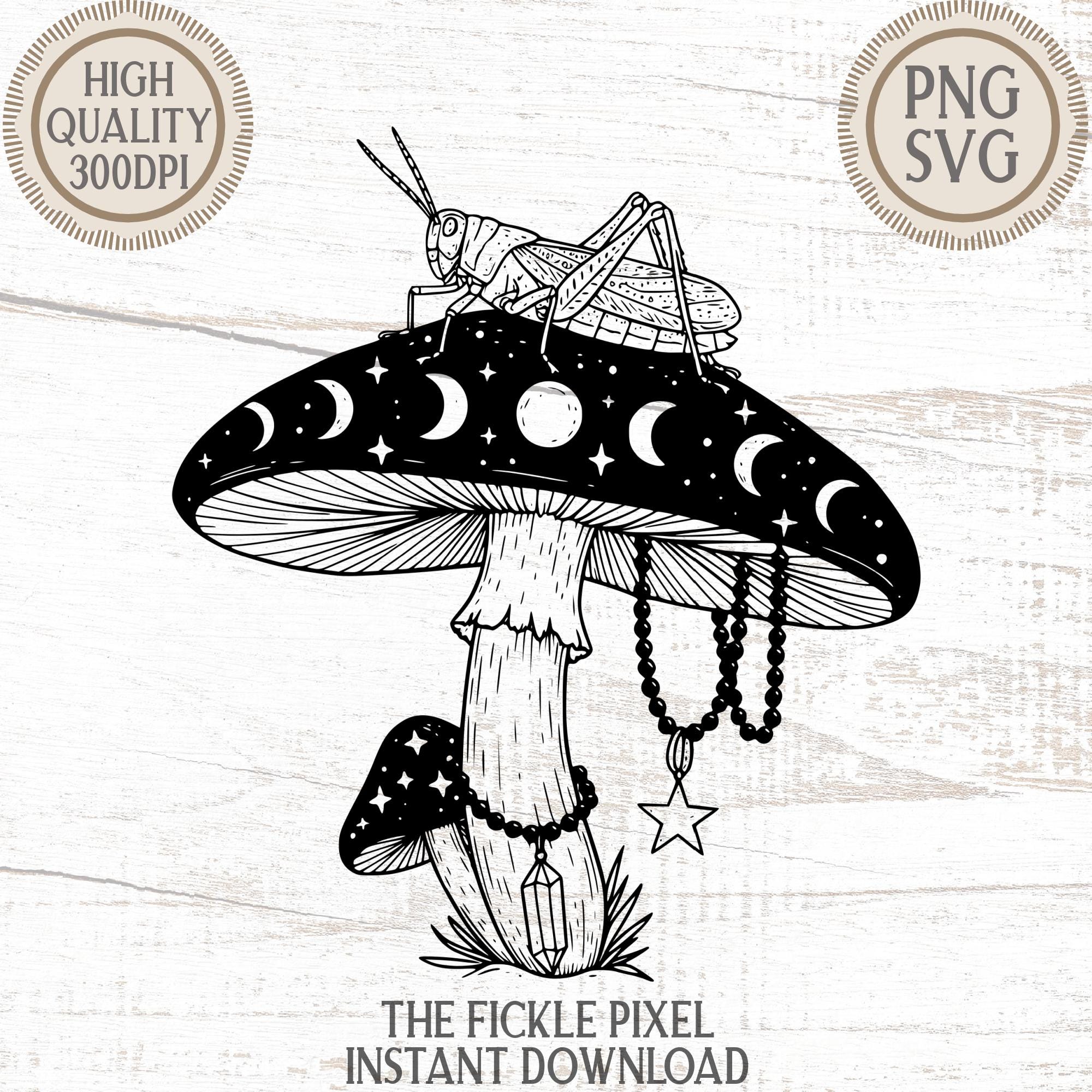 Celestial Grasshopper on Mushroom: Occult Moon & Stars Art 