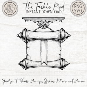 May include: Black and white illustration of a scroll design with decorative end caps and a ribbon. The text "The Fickle Pixel INSTANT DOWNLOAD" is above the scroll. Additional text reads "Great for T-Shirts, Mugs, Stickers, Pillows and More."