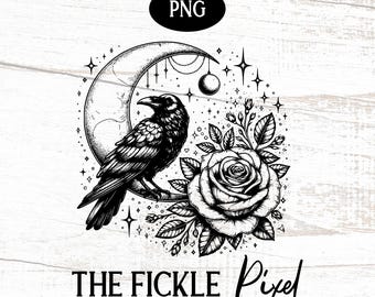 Raven Sitting On Moon Rose Stars PNG, Mystical Raven Roses Stars Sublimination, Commercial Use, Instant Download, POD Graphic