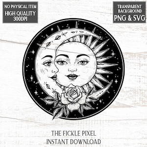 Moon and Sun Face Line Art PNG – Celestial Sketch with Stars, Filigree & Rose | Boho Cosmic Clipart | 300dpi Instant Download for Crafts