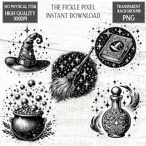 Witch’s Favorite Things Bundle – Vintage Halloween Cauldron, Potion, Spellbook, Hat & Broom Clipart | PNG 300dpi Instant Download for Crafts
