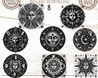 Celestial Sun Moon Stars SVG PNG 8 Grafik Bundle, Mystische Astrologie Grafiken, Laser Cut Dateien, T-Shirt-Design, sofortiger digitaler Download