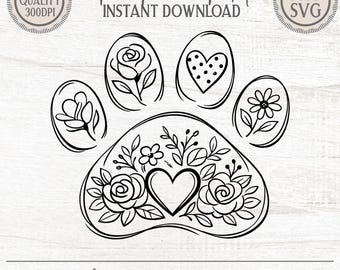 Floral Dog Paw Print SVG, Roses, Daisy Clipart (PNG, SVG)