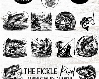 Puede incluir: Una colección de gráficos en blanco y negro con temática de pesca. Las imágenes incluyen ilustraciones de peces saltando, pescadores y un oso pescando. El texto incluye "PNG", "The Fickle Pixel" y "Commercial Use Allowed".
