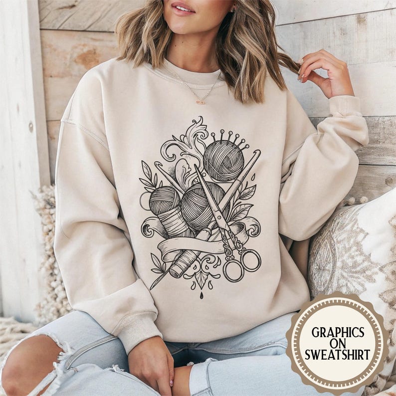 Crochet Tattoo Art Vintage Digital Download PNG SVG | Craft Design Hook Yarn Scissors | T-Shirt Wall Art Mug Print | Instant Download