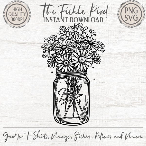Daisy Mason Jar PNG SVG Clipart | April Birthday Flower | Rustic Bouquet Art