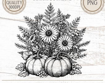 Calabaza bohemia de otoño PNG, diseño de hojas de flores silvestres de otoño, clipart de calabaza floral retro, sublimación de camisetas de otoño, descarga instantánea