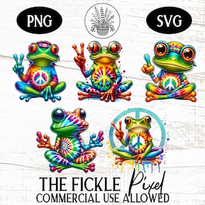 Hippie Frogs PNG SVG Clipart Bundle, Tye Dyed Frogs, Amphibian PNG Great For Invitations, Stickers, Mugs, Shirts, Commercial Use