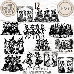 May include: A set of 12 monochrome illustrations depicting witches in different scenes. Some are reading, dancing, or with brooms. The images include text that reads "HIGH QUALITY 300DPI", "12", "PNG", and "THE FICKLE PIXEL INSTANT DOWNLOAD".