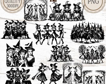 Magical Witch Friends Dancing Forest Bundle - 12 PNG Graphics for T-Shirts, Mugs, Cards & More - Instant Download