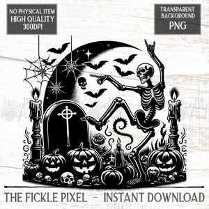 May include: Black and white Halloween-themed digital illustration featuring a dancing skeleton, pumpkins, bats, and a tombstone. The image includes the text "THE FICKLE PIXEL - INSTANT DOWNLOAD" and other text indicating it is a high-quality PNG file.