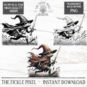 May include: Digital art featuring a green frog wizard running with a sword, wearing a pointed hat and cape. The image includes the text "THE FICKLE PIXEL - INSTANT DOWNLOAD" and "TRANSPARENT BACKGROUND PNG".