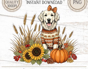 Fall Golden Retriever PNG, Autumn Dog Sweater Weather Clipart, Thanksgiving Puppy Graphic, Pumpkin Fall Leaves Design, Instant Download