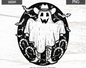 Vaquero fantasma divertido PNG - Arte lineal de Halloween con botas, sombrero, murciélagos y herraduras / Clipart espeluznante del oeste / Descarga instantánea de 300 dpi