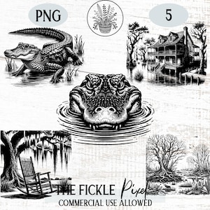 Swamp PNG Clipart Bundle, Swamp Gator Scene Vector Illustration, Files For Laser Engraving, Swamp Life, Spanish Moss, Commercial Use
