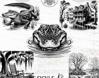 Swamp Gator Szene PNG Clipart Bundle, Lasergravurdateien