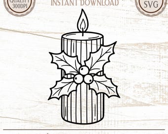 Festive Christmas Candle SVG PNG | Holiday Doodle Line Art | DIY Craft Cut File | Sublimation Design | Instant Download