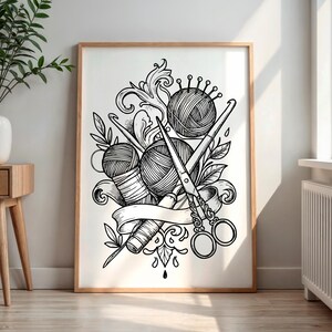 Crochet Tattoo Art Vintage Digital Download PNG SVG | Craft Design Hook Yarn Scissors | T-Shirt Wall Art Mug Print | Instant Download