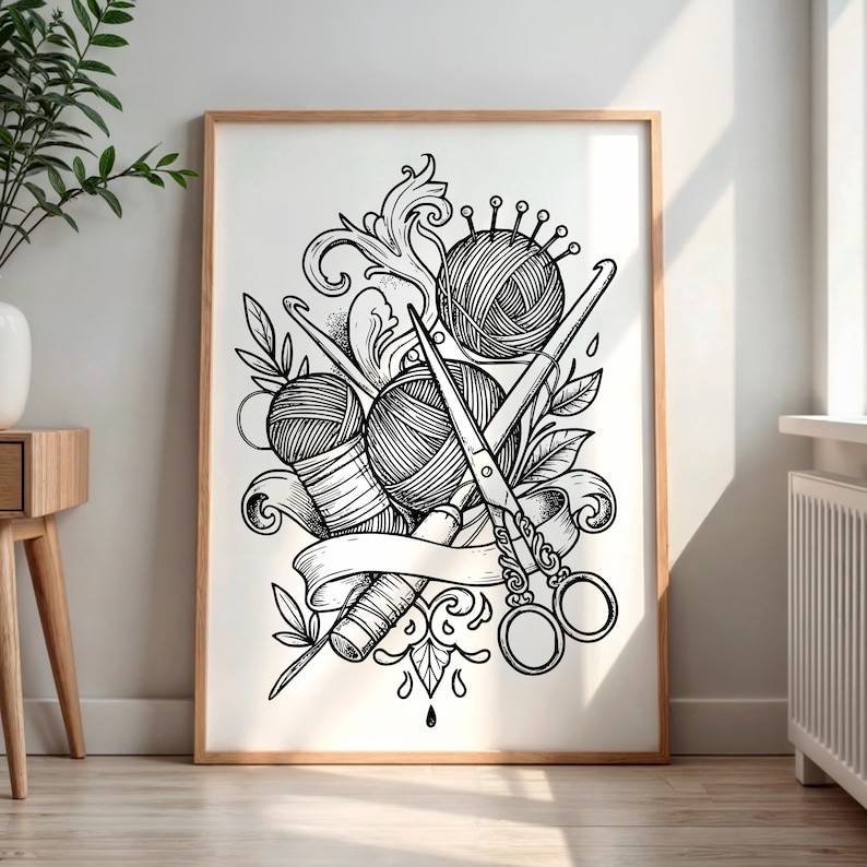 Crochet Tattoo Art Vintage Digital Download PNG SVG | Craft Design Hook Yarn Scissors | T-Shirt Wall Art Mug Print | Instant Download