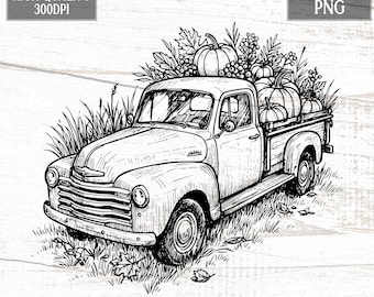 Fall Truck Pumpkin Clipart PNG, Vintage Black Line Farm Truck Graphics, Hello Fall Digital Download, Autumn Commercial Use Art