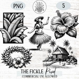 Pacote de clipart de luau PNG, clipart de Havaí, clipart tropical, flor havaiana, clipart de verão, garota hula, arquivo laser Cricut para uso comercial