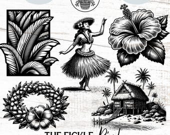 Luau Clipart Bundle PNG, Hawaiian Flower, Hula Girl, Cricut Laser File
