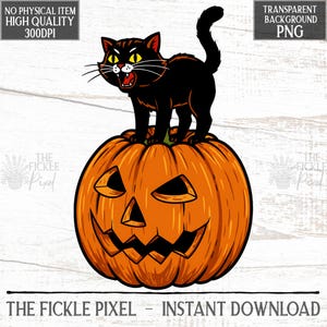 Retro Halloween Black Cat on Pumpkin PNG | 1950s Vintage Style Halloween Clipart | Spooky Cute Art | 300dpi | Instant Download