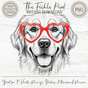 Cute Golden Retriever Heart Glasses PNG, Valentine Dog Clipart, Funny Pet Sublimation, Love Puppy DTF Design