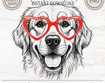 Cute Golden Retriever Heart Glasses PNG, Valentine Dog Clipart, Funny Pet Sublimation, Love Puppy DTF Design