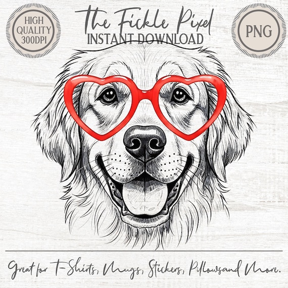 Cute Golden Retriever Heart Glasses PNG, Valentine Dog Clipart, Funny Pet Sublimation, Love Puppy DTF Design