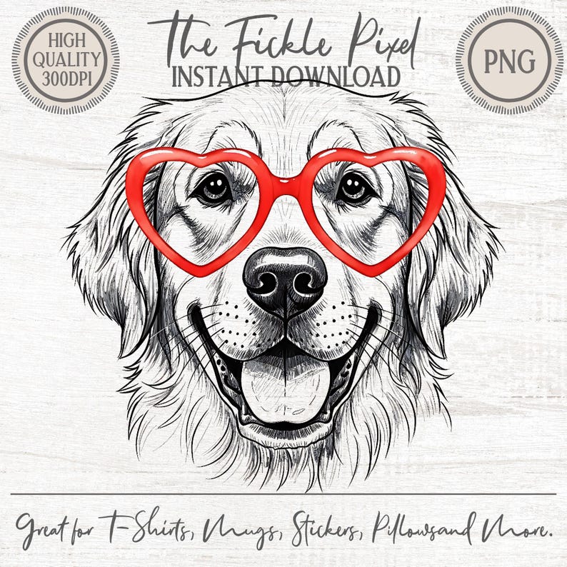 Cute Golden Retriever Heart Glasses PNG, Valentine Dog Clipart, Funny Pet Sublimation, Love Puppy DTF Design