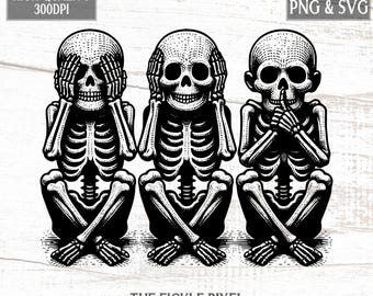 Vintage Skelett Trio sehen hören nicht sprechen nichts Böses Digitaler Download PNG Halloween Gothic Kunstdruck T-Shirt Design Sofortiger Download