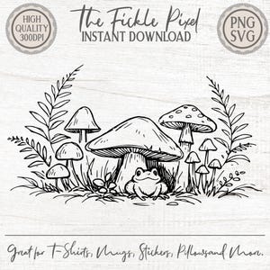 May include: A black and white line drawing of mushrooms, grass, and a frog. The text "The Fickle Pixel INSTANT DOWNLOAD" is at the top. The bottom text reads "Great for T-Shirts, Mugs, Stickers, Pillows and More."