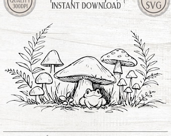 Adorable Frog Mushroom Forest SVG PNG, Whimsical Nature Clipart, Cricut Cut File, Coloring Page Download