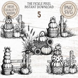 May include: Black and white line art illustration featuring stacked pumpkins, baskets, sunflowers, and a wooden fence. The text "THE FICKLE PIXEL INSTANT DOWNLOAD 5" is visible. Includes "HIGH QUALITY 300DPI" and "PNG SVG" graphics.