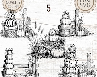 Fall Pumpkin Stack Bundle - 4 Black Sketch SVG Files | Autumn Harvest Clipart | Cricut Cut Files | Instant Digital Download