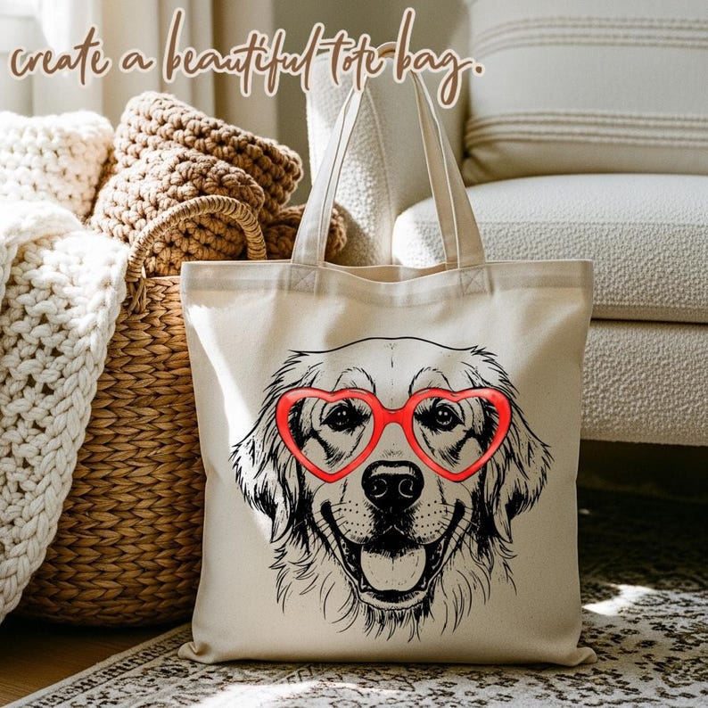May include: Natural canvas tote bag with a smiling Golden Retriever wearing red heart-shaped glasses. The bag has a rectangular shape and two handles. Text at the top reads "create a beautiful tote bag."