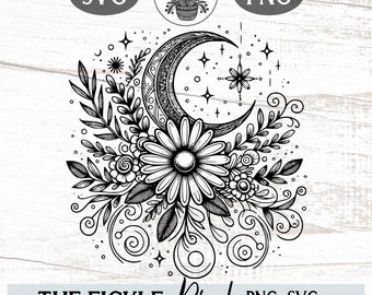Mystical Moon and Daisy Clipart | Boho Celestial SVG, PNG (Digital Download)