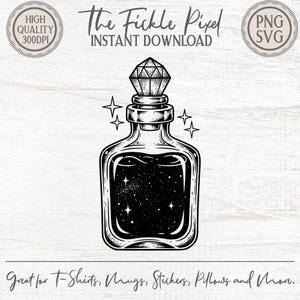 Puede incluir: Ilustración en blanco y negro de una botella de poción con un tapón en forma de diamante. La botella contiene un diseño de noche estrellada. El texto en la imagen dice "The Fickle Pixel INSTANT DOWNLOAD" y "Great for T-Shirts, Mugs, Stickers, Pillows and More."
