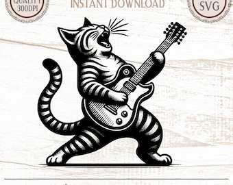 Chat guitare SVG PNG Rock n Roll Rockstar mélomane conception de chemise gravure laser fichier numérique Concert Merch amoureux des chats cadeau art