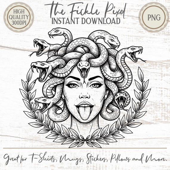 Sassy Medusa PNG, Funny Greek Mythology Art, Tongue Out Snake Hair, Olive Branch Illustration, Commercial Use Instant Download