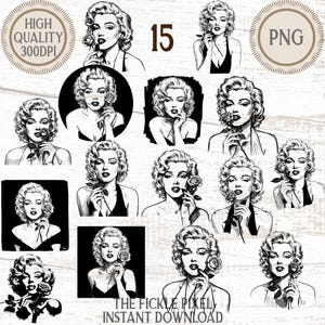 May include: A collection of black and white illustrations of a woman with curly hair, holding a rose. The images vary in style, some are portraits, and others are in a square or circular format. The text "HIGH QUALITY 300DPI" and "PNG" are visible.