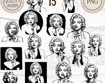 May include: A collection of black and white illustrations of a woman with curly hair, holding a rose. The images vary in style, some are portraits, and others are in a square or circular format. The text "HIGH QUALITY 300DPI" and "PNG" are visible.
