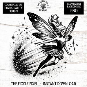 Magical Flying Pixie PNG | Vintage Style Fairy with Twinkles and Stars | 300DPI Digital Download | Commercial Use for POD and Crafts