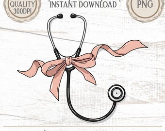 Lindo estetoscopio de enfermera PNG con lazo rosa / Clipart médico vintage / Gráficos de alta calidad de 300 ppp / Descarga instantánea para manualidades