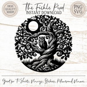 Könnte beinhalten: Schwarz-weißes kreisförmiges Design mit einem detaillierten Baum mit einer Eule, Mond und Sternen. Der Text lautet "The Fickle Pixel INSTANT DOWNLOAD" und "Great for T-Shirts, Mugs, Stickers, Pillows and More."