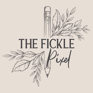 May include: A logo design with a pencil and leafy branches. The text "THE FICKLE Pixel" is displayed in a combination of serif and script fonts, with the word "Pixel" in a cursive style. The colour palette is neutral, with shades of grey and beige.